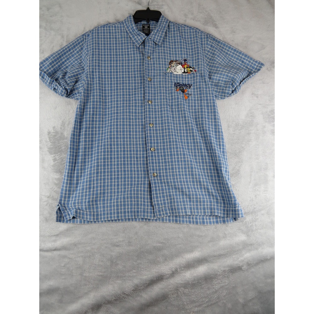 Vintage Looney Tunes Warner Bros Plaid Button Down Shirt Bugs Daffy Sylvester S
